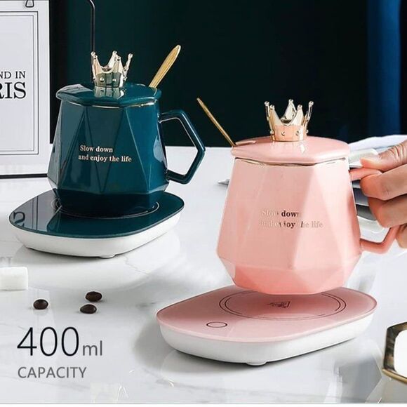 Brand New Pink coffee warmer mug& hot plate set + lid and golden spoon open box - Picture 5 of 8